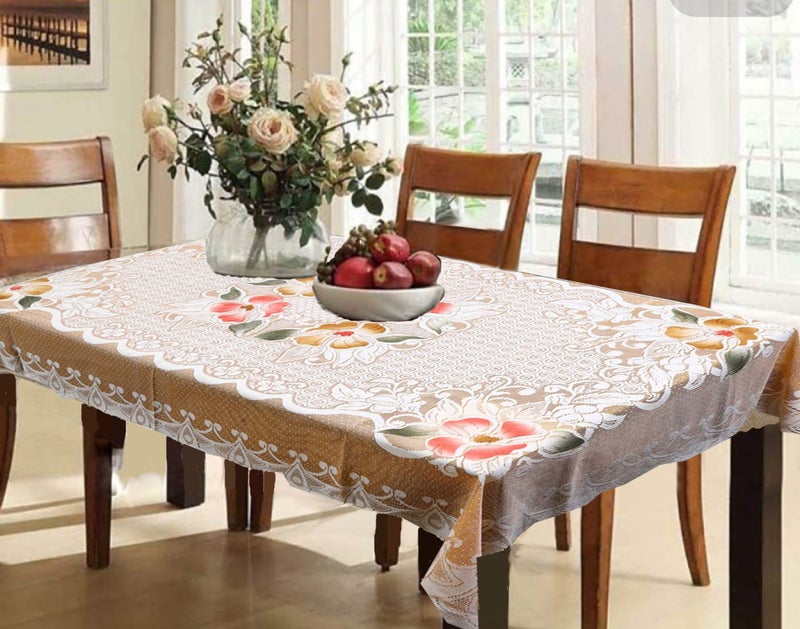 Padam Enterprises Dining Table Cover Cream Cloth Net for 6 Seater 60 90 Inches Exclusive Floral Design - Image 1