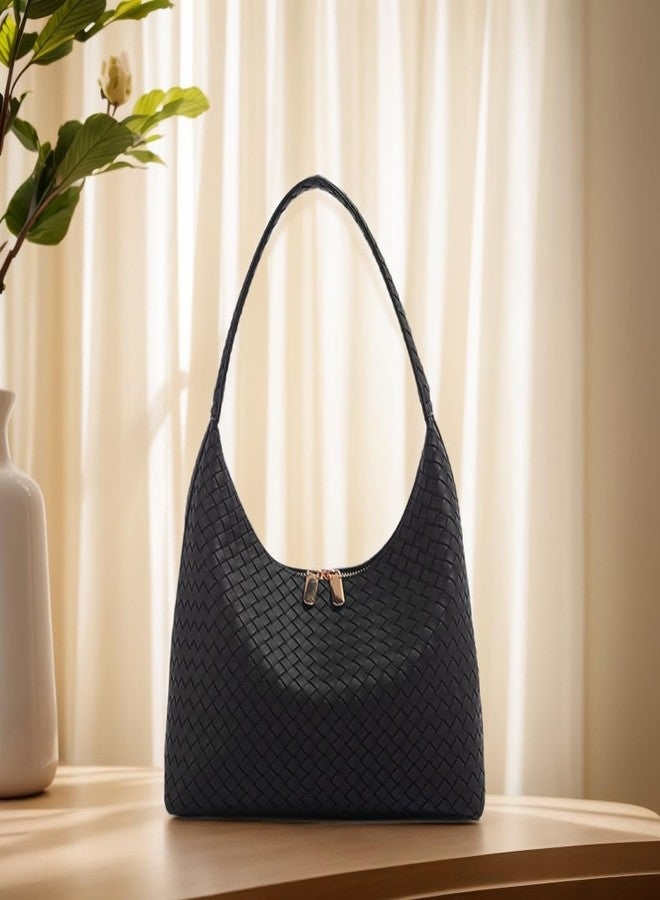 JYG Leather Hobo Bags for Women Small Soft Shoulder Purse Slouchy Tote Handbags with Double Zipper Design 2025, Black-3 - Image 2