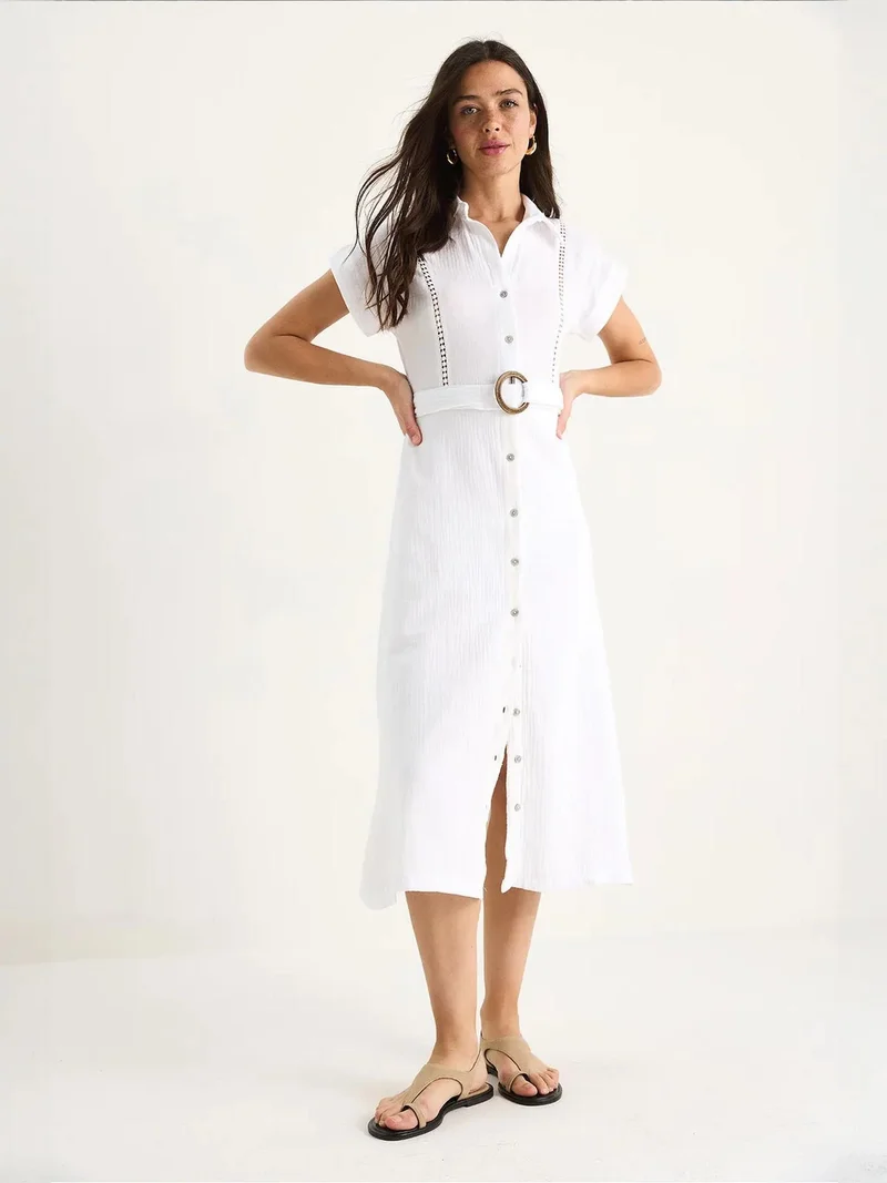 Bianco Lucci LUCCI Textured Cotton Midi Dress with Shirt Collar