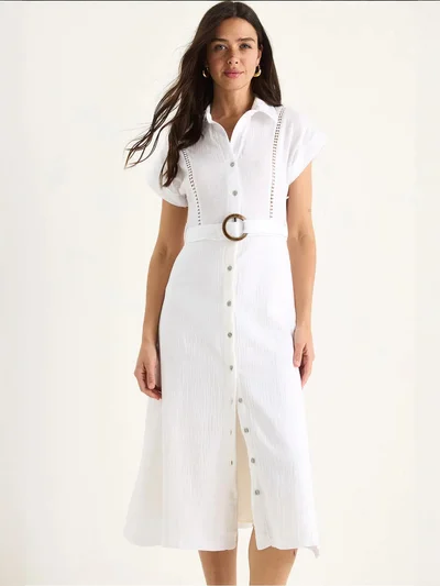 Bianco Lucci LUCCI Textured Cotton Midi Dress with Shirt Collar