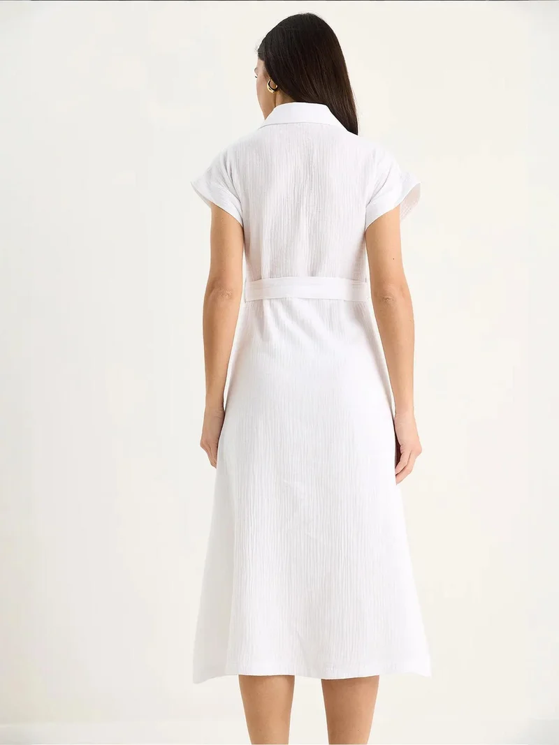 Bianco Lucci LUCCI Textured Cotton Midi Dress with Shirt Collar
