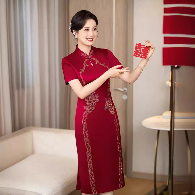 Wedding Banquet Cheongsam For Middle-Aged Mothers, New Acetate Wedding Dress, Elegant Mother-In-Law Dress, Noble Mother-In-Law Dress, Grandma Dress - Image 3