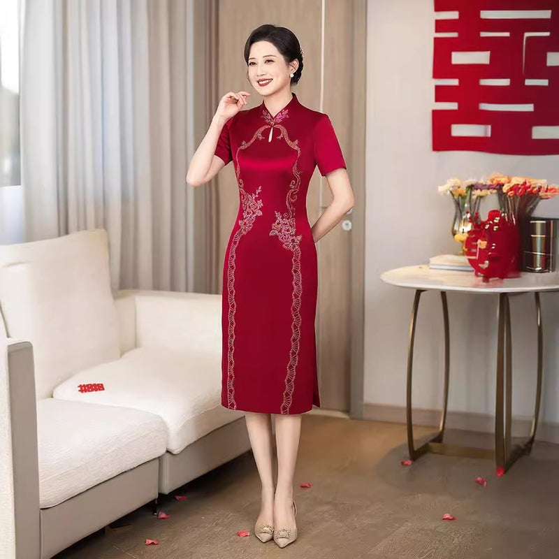 Wedding Banquet Cheongsam For Middle-Aged Mothers, New Acetate Wedding Dress, Elegant Mother-In-Law Dress, Noble Mother-In-Law Dress, Grandma Dress - Image 5