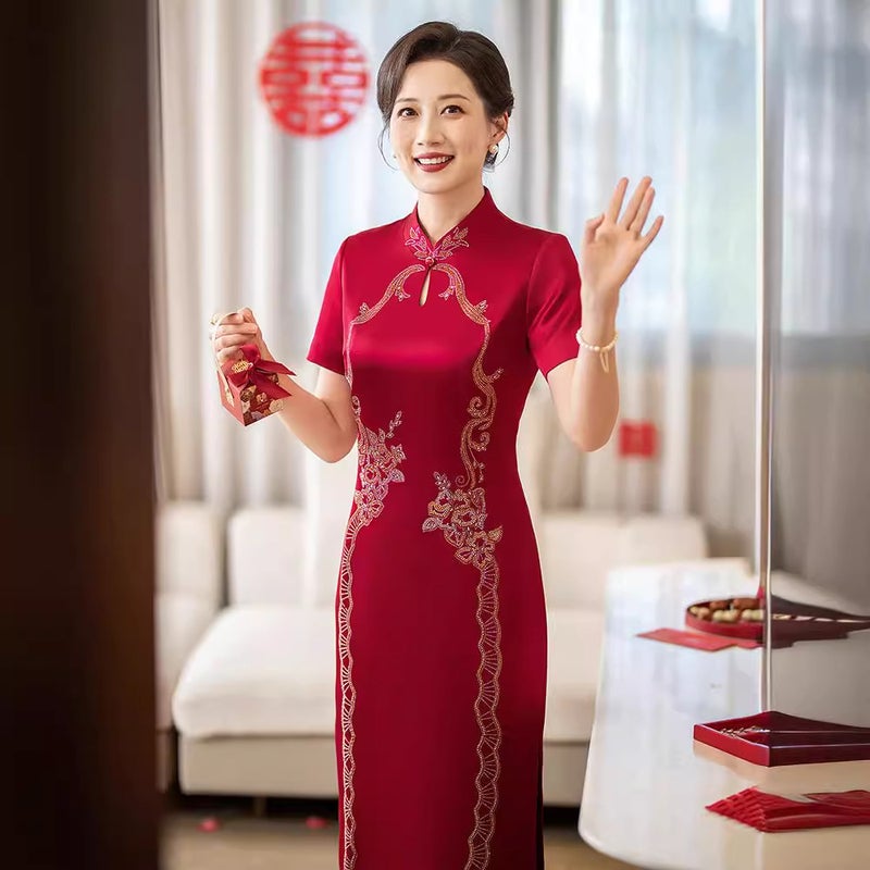 Wedding Banquet Cheongsam For Middle-Aged Mothers, New Acetate Wedding Dress, Elegant Mother-In-Law Dress, Noble Mother-In-Law Dress, Grandma Dress - Image 4