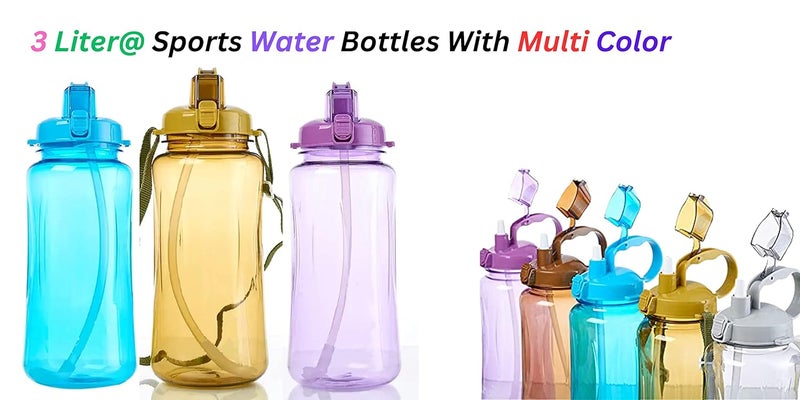 Breewell 3 L Sports Plastic Water Bottle Container BPA Free Travel Mugs with Scale,Straw,Strap for Kids Adult Summer Outdoor Sports | Multi Color (Pack of 1) - Image 3