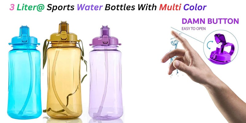 Breewell 3 L Sports Plastic Water Bottle Container BPA Free Travel Mugs with Scale,Straw,Strap for Kids Adult Summer Outdoor Sports | Multi Color (Pack of 1) - Image 5