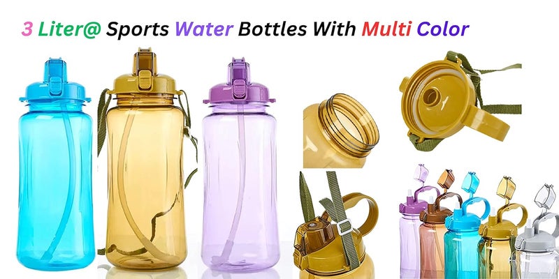 Breewell 3 L Sports Plastic Water Bottle Container BPA Free Travel Mugs with Scale,Straw,Strap for Kids Adult Summer Outdoor Sports | Multi Color (Pack of 1) - Image 4
