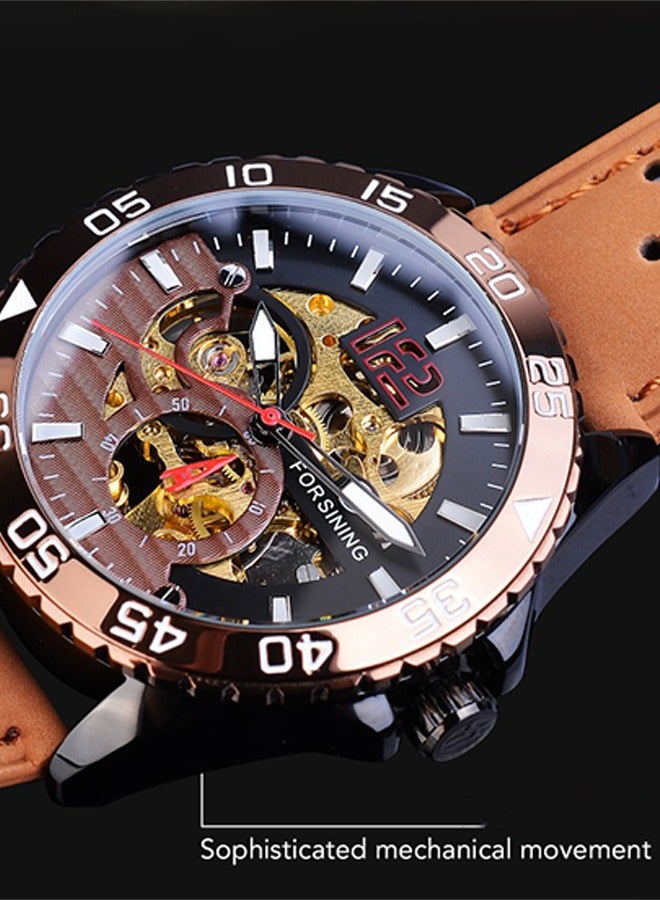 Forsining Men's Fashion Casual Skeleton Mechanical Watch - Brown Leather Strap Showcasing Precision Mechanical Aesthetics for Business and Casual Occasions - Image 4