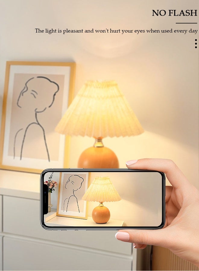 DUNISO مصباح طاولة صغير على الطراز الاسكندنافي الرجعي، مصباح مكتب بجانب السرير بنمط خشبي مع ظل مصباح مطوي، مصابيح طاولة بجانب السرير مع ثلاثة مفاتيح لتعديل السطوع، مناسب لغرفة النوم، غرفة المعيشة، المقهى، المصباح - Image 3