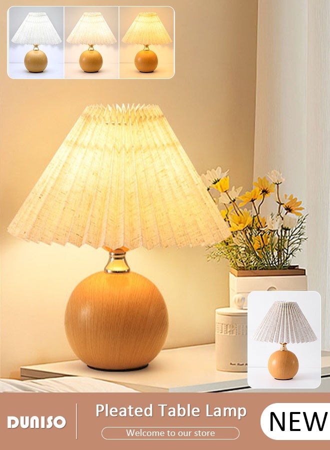 DUNISO مصباح طاولة صغير على الطراز الاسكندنافي الرجعي، مصباح مكتب بجانب السرير بنمط خشبي مع ظل مصباح مطوي، مصابيح طاولة بجانب السرير مع ثلاثة مفاتيح لتعديل السطوع، مناسب لغرفة النوم، غرفة المعيشة، المقهى، المصباح - Image 1