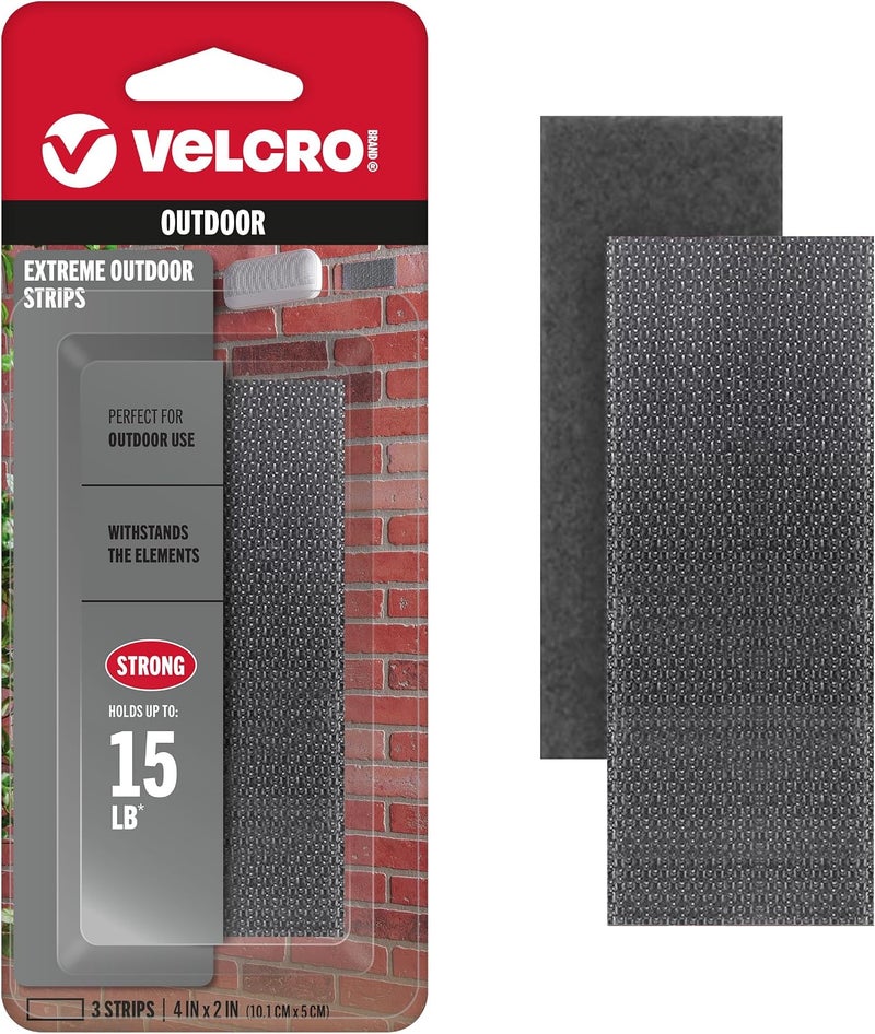 VELCRO Brand Extreme Outdoor Fasteners | Heavy Duty Adhesive Strips | 4 x 2 inch, 3 Pack, Titanium - Image 1