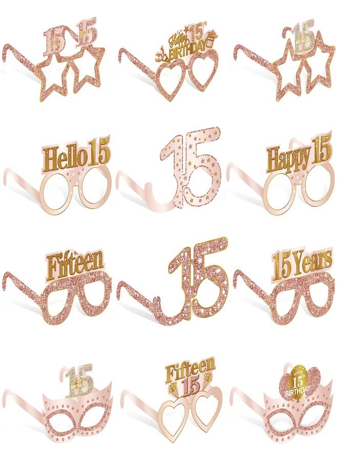 Guiruiy 24PCS 15th Birthday Paper Eyeglasses Decorations for Girls Women, Pink Rose Gold Sweet 15 Birthday Quinceanera Decoration Eyeglasses Party Supplies, Funny Fifteen Year Old Birthday Glasses Decor - Image 1
