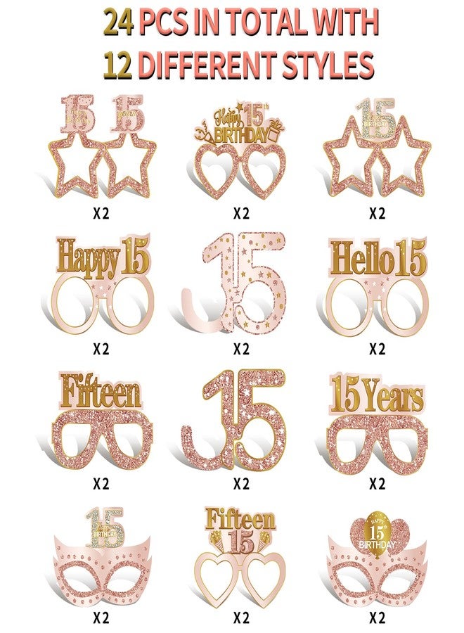 Guiruiy 24PCS 15th Birthday Paper Eyeglasses Decorations for Girls Women, Pink Rose Gold Sweet 15 Birthday Quinceanera Decoration Eyeglasses Party Supplies, Funny Fifteen Year Old Birthday Glasses Decor - Image 3