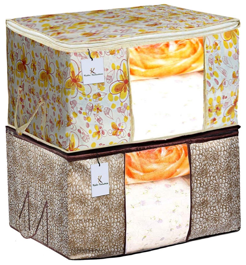 Kuber Industries Metalic Printed 2 Piece Non Woven Fabric Underbed Storage BagCloth OrganiserBlanket Cover with Transparent Window Ivory Red Golden Brown CTKTC41050 Standard - Image 1