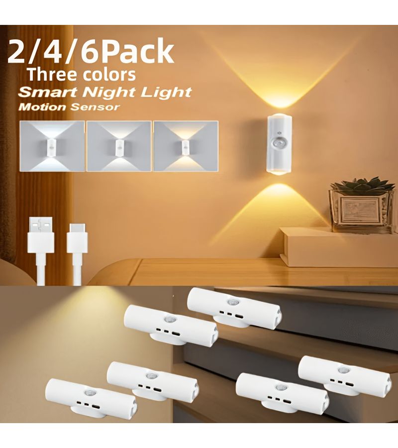 4 قطع - ضوء LED ثلاثي الألوان قابل للتعديل مع حساس حركة داخلي، قابل للشحن عبر USB، لإضاءة الليل للسلالم وغرفة النوم والممر. - Image 2