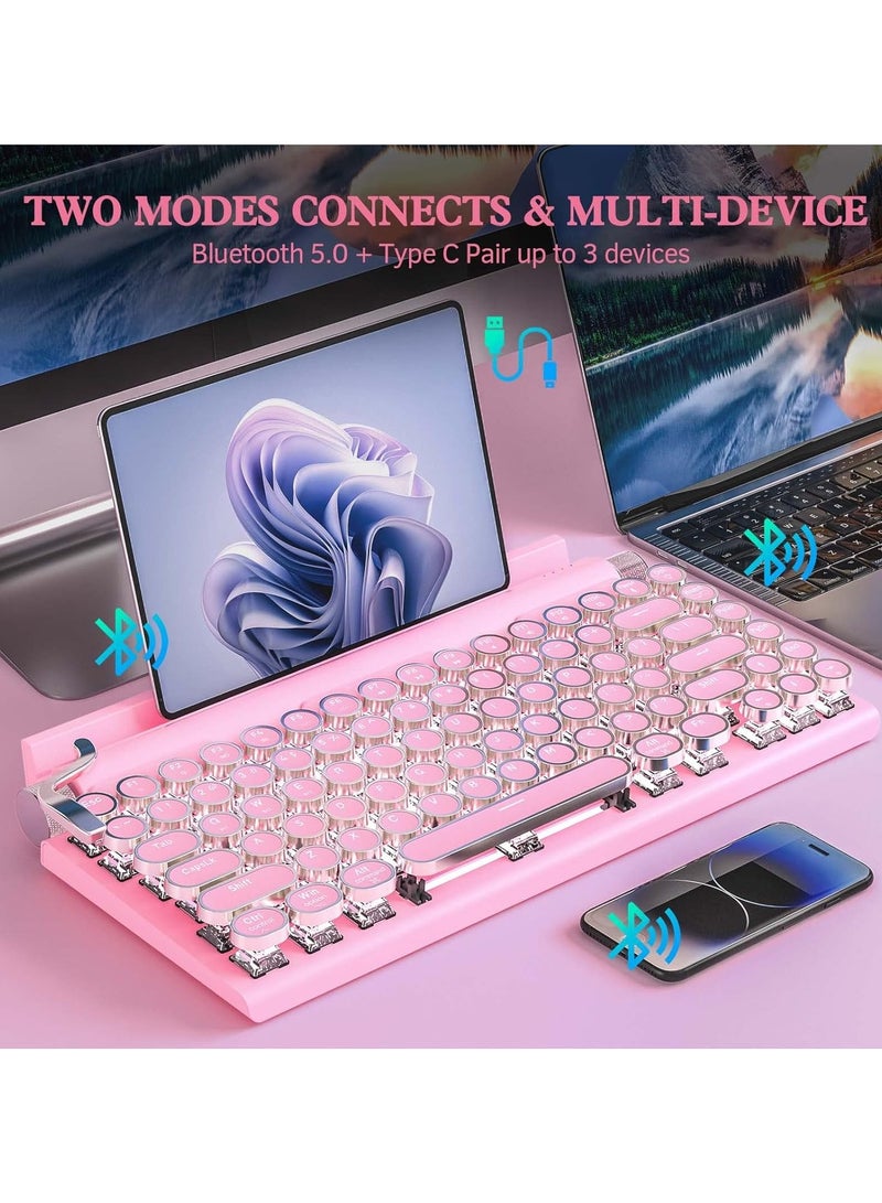 إيفرين لوحة مفاتيح آلة كاتبة ريترو لاسلكية ميكانيكية للألعاب لوحة مفاتيح كلاسيكية 83 مفتاحًا مفاتيح زرقاء أغطية مفاتيح دائرية بانك 14 وضعًا إضاءة خلفية LED قوس قزح نوع C بلوتوث 5.0 متوافق مع الكمبيوتر الشخصي والكمبيوتر المحمول وردي - Image 5