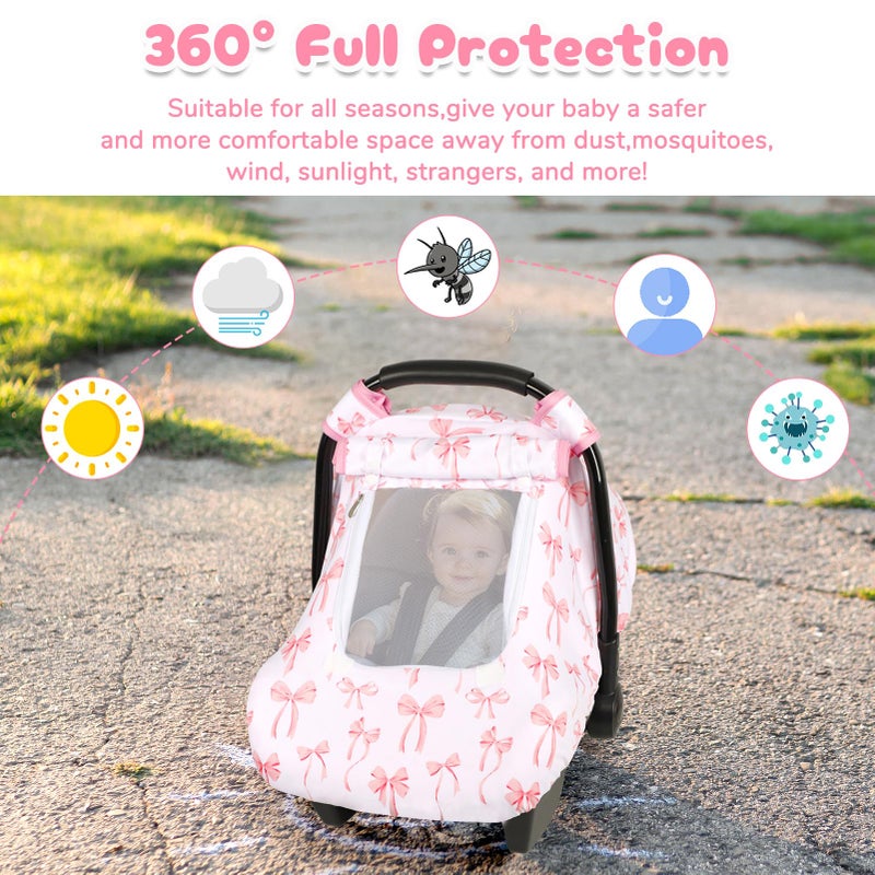 DAYEEBALL Baby Car Seat Cover, Windproof Carseat Cover for Infant Girls, Infant Warm Carseat Canopy with Double Layer Fabric for Winter, Compatible with Most Baby Car Seat, Bow - Image 4
