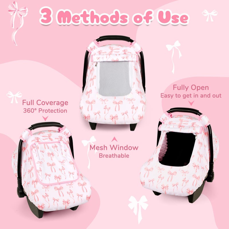 DAYEEBALL Baby Car Seat Cover, Windproof Carseat Cover for Infant Girls, Infant Warm Carseat Canopy with Double Layer Fabric for Winter, Compatible with Most Baby Car Seat, Bow - Image 3