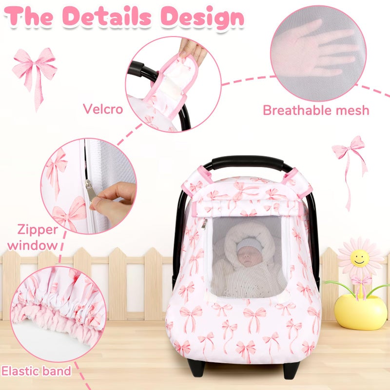 DAYEEBALL Baby Car Seat Cover, Windproof Carseat Cover for Infant Girls, Infant Warm Carseat Canopy with Double Layer Fabric for Winter, Compatible with Most Baby Car Seat, Bow - Image 2
