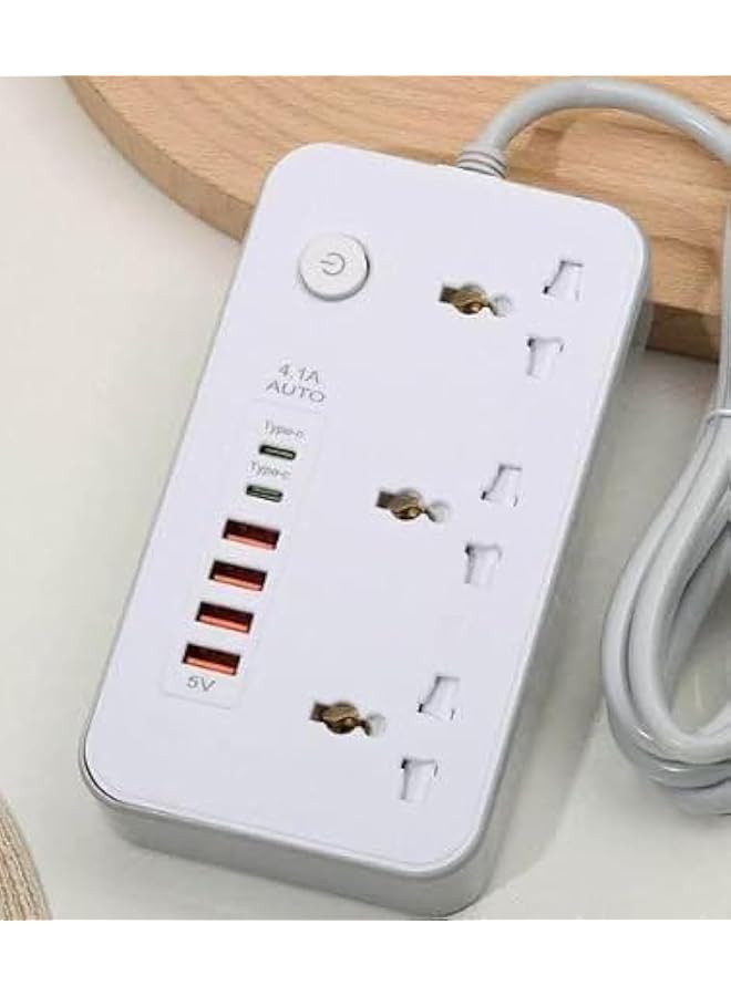 promass 9 in 1 Universal Power Strip Extension Cord with USB C 2 Slots,3 Wide Universal Sockets and 4 USB Ports, 110-240v, UK Plug 3 Pin Power Socket 2500w, 3 meter cable, International Plug. (WHITE) - Image 1