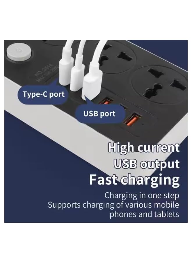 promass 9 in 1 Universal Power Strip Extension Cord with USB C 2 Slots,3 Wide Universal Sockets and 4 USB Ports, 110-240v, UK Plug 3 Pin Power Socket 2500w, 3 meter cable, International Plug. (WHITE) - Image 3