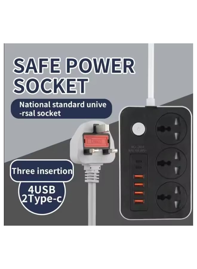 promass 9 in 1 Universal Power Strip Extension Cord with USB C 2 Slots,3 Wide Universal Sockets and 4 USB Ports, 110-240v, UK Plug 3 Pin Power Socket 2500w, 3 meter cable, International Plug. (WHITE) - Image 2