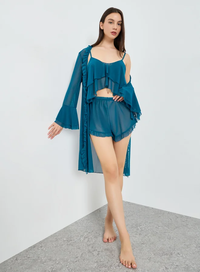 تايك تو مجموعة من 3 قطع روب وشورت وبلوزة بحمالات شبكية وتفاصيل كشكش