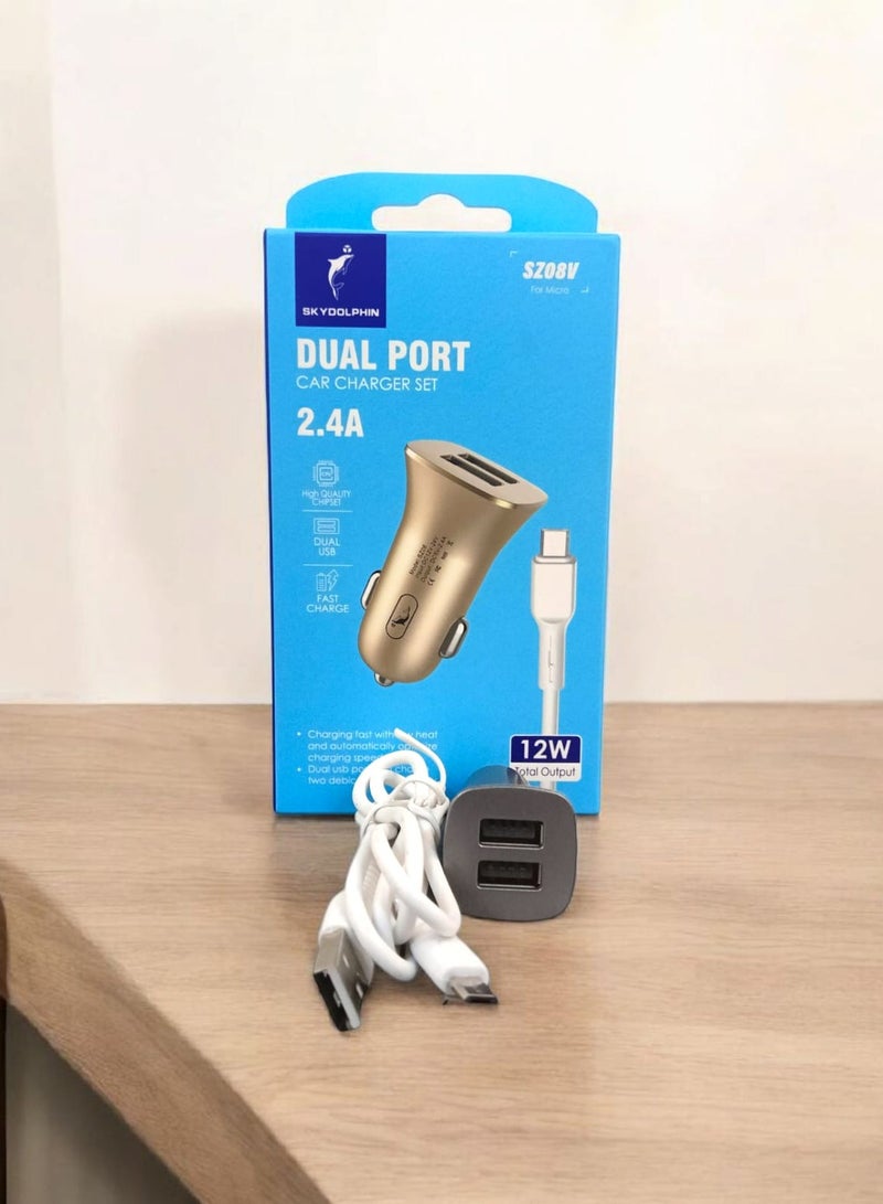 SKY DOLPHIN 2.4 A Fast Dual USB Car Charger 12W Set with Micro-USB Cable - Image 1