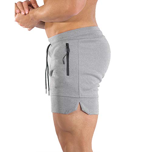 PIDOGYM Men's 5" Gym Workout Shorts,Fitted Jogging Short Pants for Bodybuilding Running Training with Zipper Pockets Light Grey - Image 2