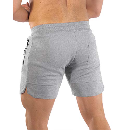 PIDOGYM Men's 5" Gym Workout Shorts,Fitted Jogging Short Pants for Bodybuilding Running Training with Zipper Pockets Light Grey - Image 3