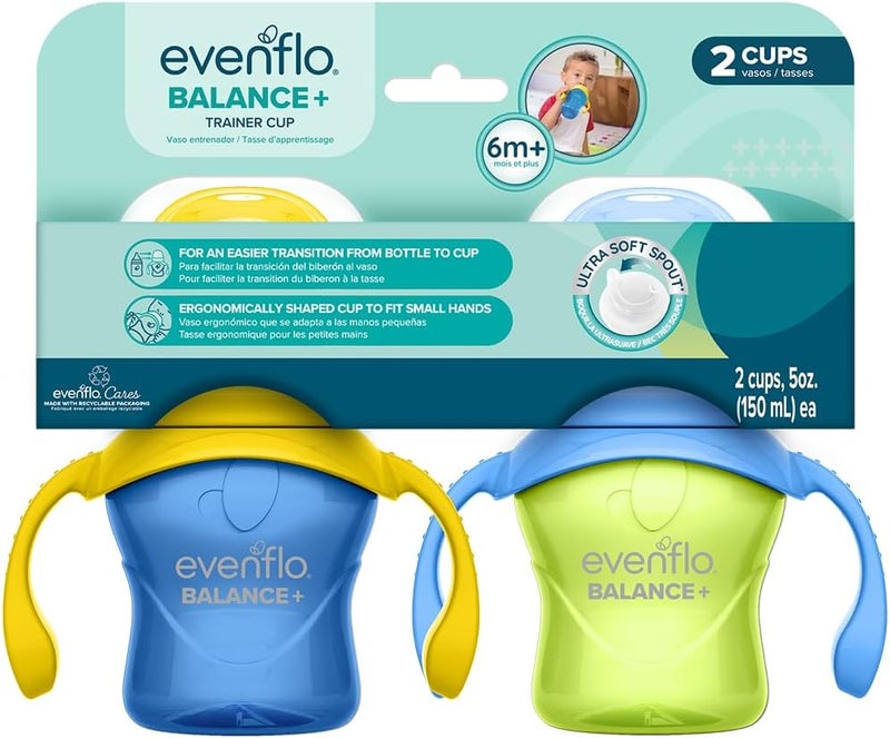 إيفين فلو فيدينغ Evenflo Balance+ Trainer Cups for Baby, Blue and Green with Ergonomic Handles, 5oz, 2 Pack, Ultra Soft Spout, 6+ Months - Image 1