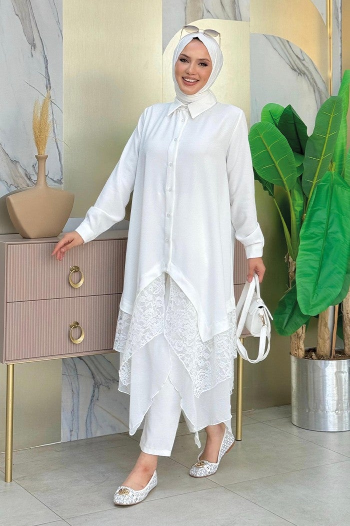 Bym Fashion Lace and Chiffon Detailed Asymmetric Cut Tunic 2758 Ecru  - Image 3