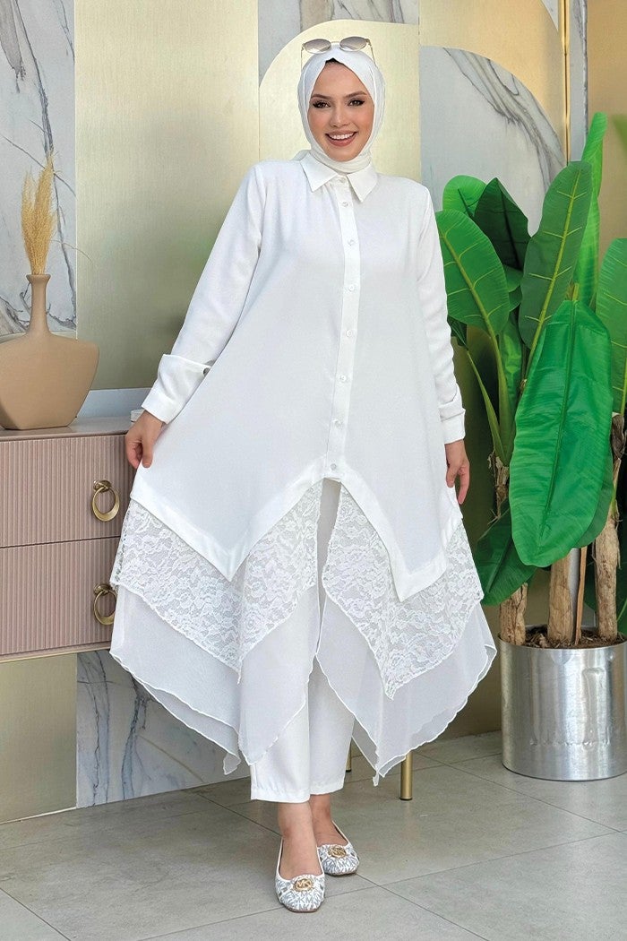 Bym Fashion Lace and Chiffon Detailed Asymmetric Cut Tunic 2758 Ecru  - Image 1