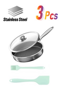 Super ZYouth Stainless Steel Frying Pan with Lid, Spatula and Brush, Honeycomb Non-Stick Technology, Household Skillet, PFOA Free,  28cm (Induction/Gas/Electric Stove)  - Image 1