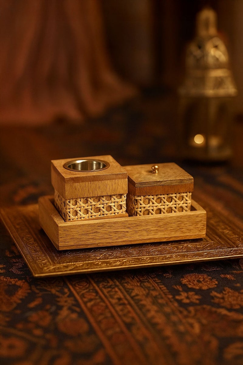 Roman Gifts Three‑Piece Wood & Cane Incense Set – Decorative Tray, Fragrance Pot & Traditional Mabkhara Burner, Artisan Cane‑Woven and Solid Wood Craft