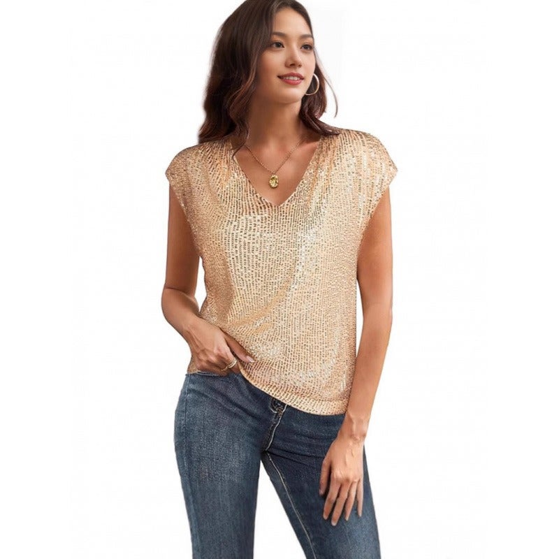 Jin Yun Women's Sequin V-Neck Short Sleeve Shimmer Party Top - Elegant Evening Blouse - Image 5