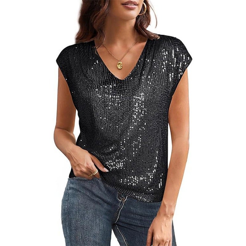 Jin Yun Women's Sequin V-Neck Short Sleeve Shimmer Party Top - Elegant Evening Blouse - Image 4