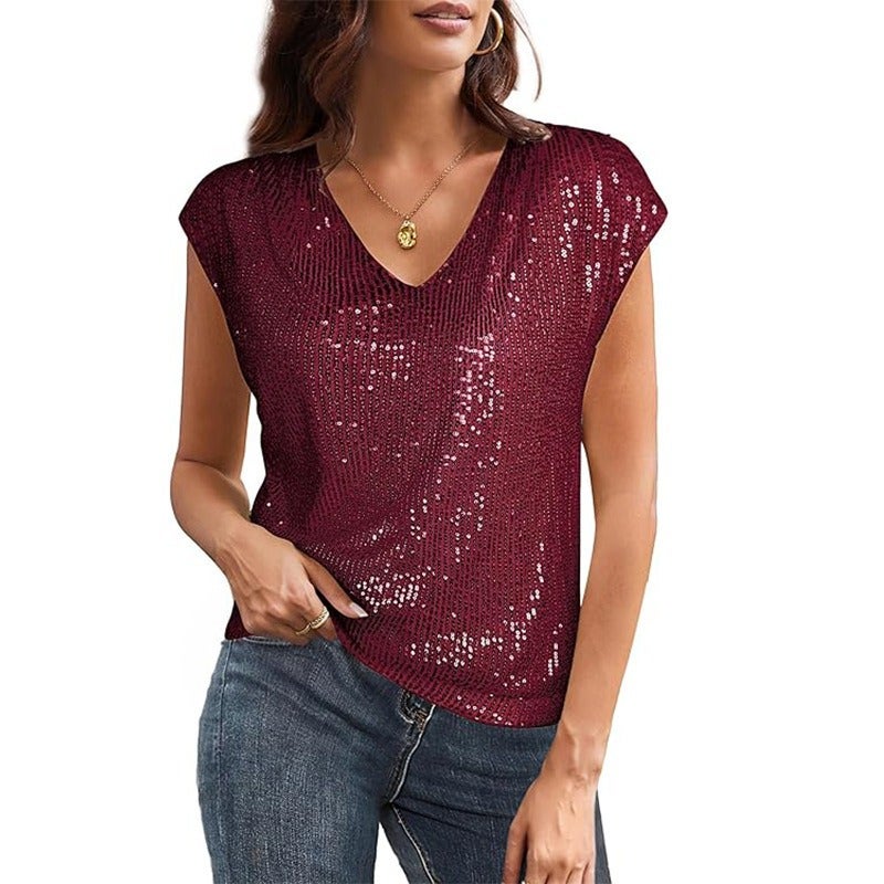Jin Yun Women's Sequin V-Neck Short Sleeve Shimmer Party Top - Elegant Evening Blouse - Image 1