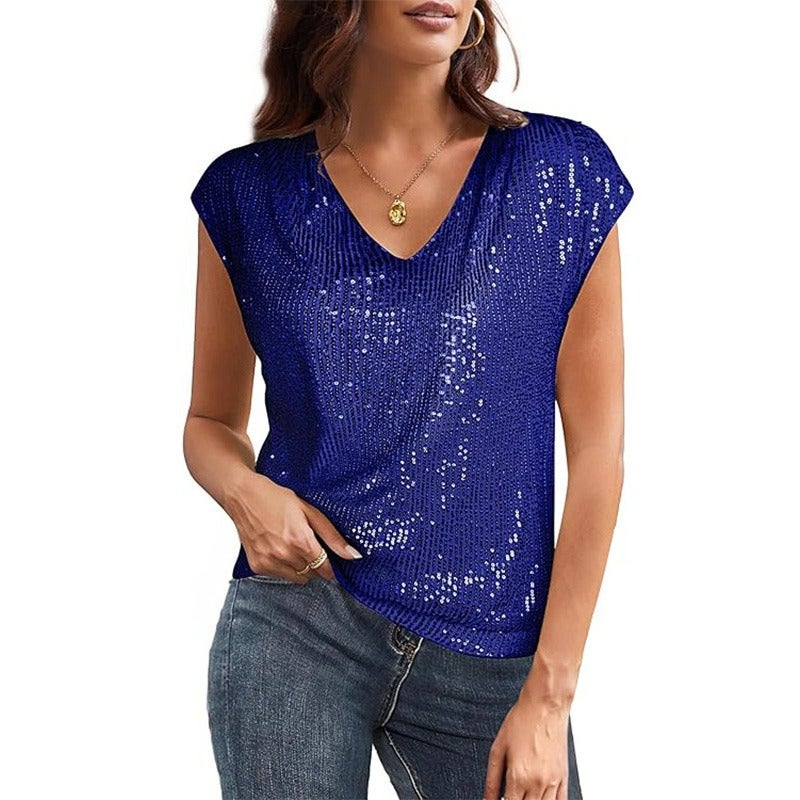 Jin Yun Women's Sequin V-Neck Short Sleeve Shimmer Party Top - Elegant Evening Blouse - Image 3