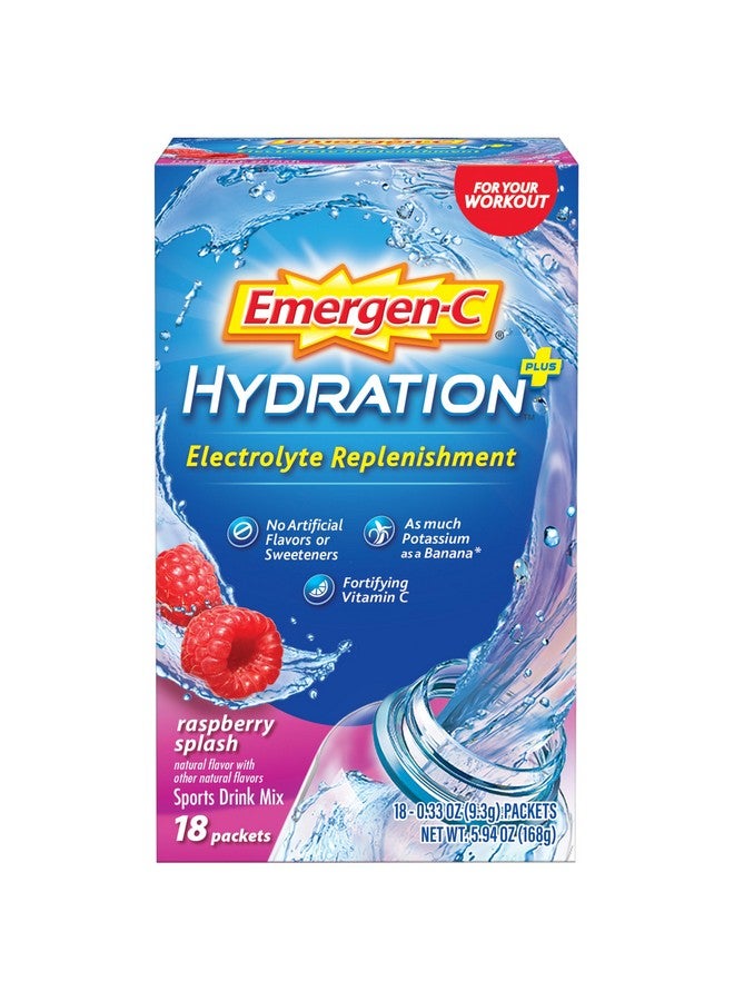 Emergen-C Hydration+ Sports Drink Mix With Vitamin C (18 Count, Raspberry Flavor), Electrolyte Replenishment, 0.33 Ounce Powder Packets - Image 1