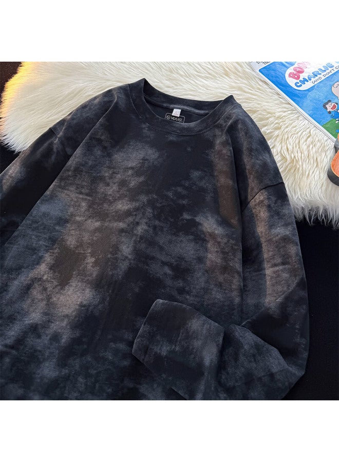 Vuug American Style Tie-dye Long Sleeve Men's Pure Cotton Printed Distressed Autumn Design T-shirt 3XL Black No Print - Image 1
