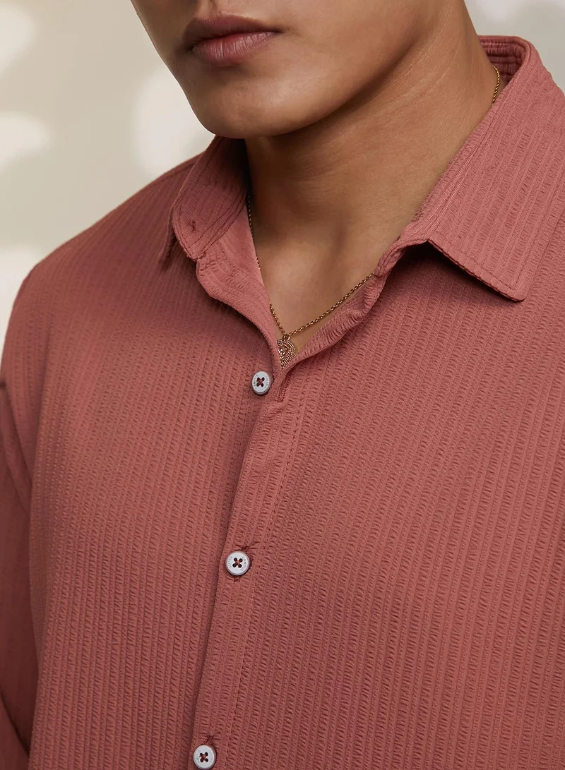 Campus Sutra Men's Coral Pink Stripe-Creased Shirt