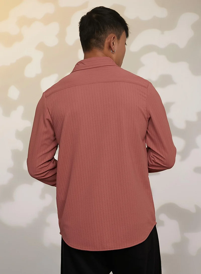 Campus Sutra Men's Coral Pink Stripe-Creased Shirt