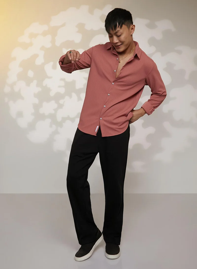 Campus Sutra Men's Coral Pink Stripe-Creased Shirt