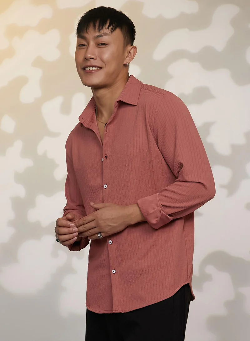 Campus Sutra Men's Coral Pink Stripe-Creased Shirt