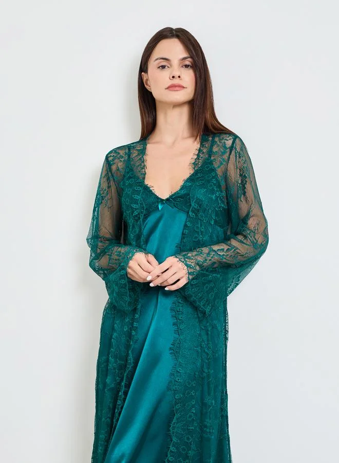 Take Two Turquoise Lace Long Sleeve Robe and Strappy Nightdress Set