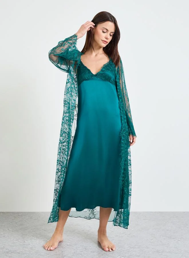 Take Two Turquoise Lace Long Sleeve Robe and Strappy Nightdress Set