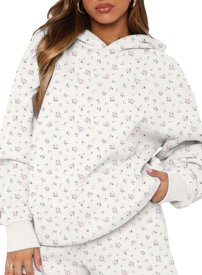 BAIGRAM Women Oversized Ditsy Floral Fleece Hoodies Snowflake Print Hooded Sweatshirt 2025 Y2K Aesthetic Fall Pullover, White Floral, L - Image 1