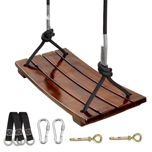 PELLOR Wooden Swing Seat Carbonized Hanging Wood Tree Swing 177 x 79 x 05 in for Adult Kids Children Anticorrosive  100 Waterproof 440lbs Load Indoor Outdoor Backyard Play