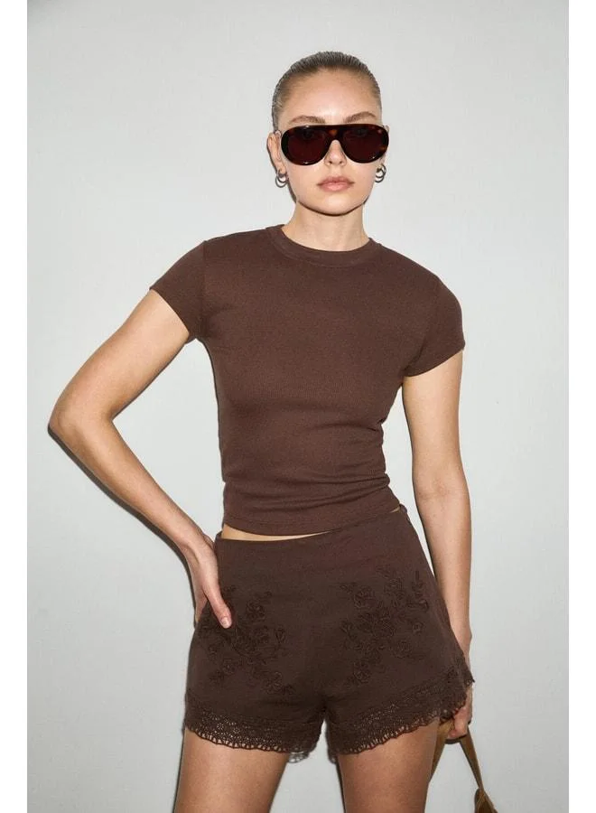 GRIMELANGE GLOOM Women's Soft and Stretchy Fabric Bike Collar Crop Brown T-Shirt.